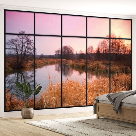 Papier peint panoramique Trompe l'oeil Verrière - Lac et forêt - 130 cm x 82 cm (1/5)