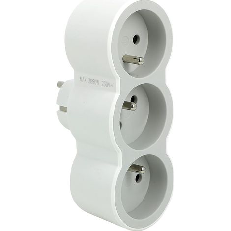 Fiche Multiprise Triplite - 3 Prises Frontales avec Terre - Positionnement Horizontal - Sécurité Enfant Intégrée - Blanc et Gris Clair (1/3)