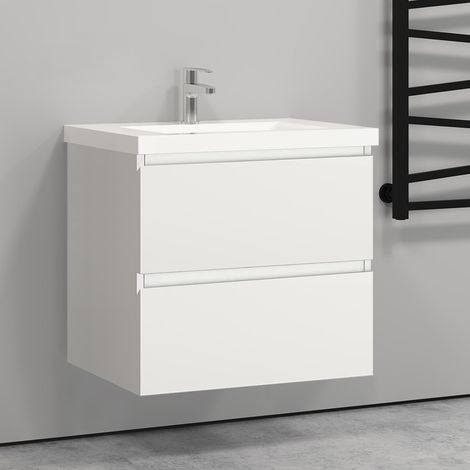 Vanity Unit with Basin Storage Cabinets Matt White 2 Drawer - Wall Hung 600mm