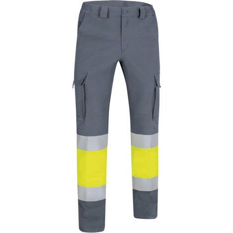 Pantalón de Alta Visibilidad multibolsillos bicolor, cintas reflectantes EN 20471, tejido elástico hidro-repelente RIGEL L Amarillo flúor / Gris
