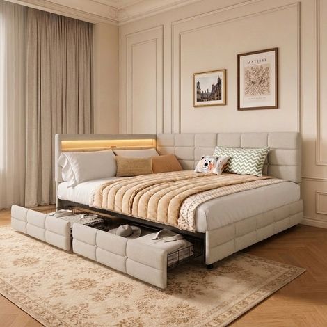 lit adulte 140x190 cm avec LED et prises USB, Cadre de lit L avec 2 tiroirs et étagère de rangement, Tête de lit réversible, Tissu en lin, Beige (1/5)