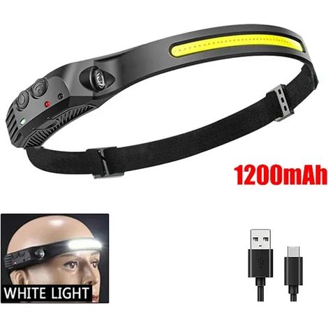 (W689 1-Blanc 1200mAh) Lampe frontale à induction LED COB rechargeable par USB avec batterie intégrée de 1200 mAh - Lampe torche idéale pour le camping et la pêche en extérieur. (1/5)