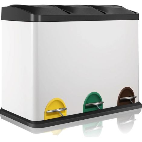 Bac de séparation des déchets, fonctionnement à pédale, design écologique, BLANC, 3x 15L (45L) (1/2)