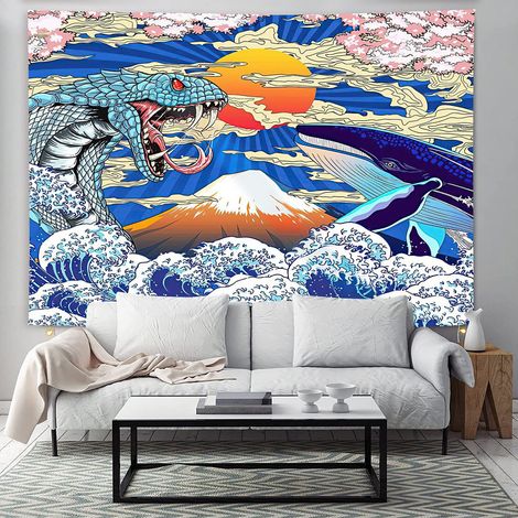 Whale Snake Art Japon - Tapisserie murale - 200x150 cm - Grande tapisserie - Poster - Habillage en tissu - Accessoires pour Chambre Salon Chambre (1/5)
