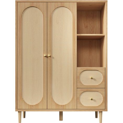 Armoire 120x44x161cm Étagères ouvertes et tringles à vêtements 2 portes et 2 tiroirs en rotin couleur chêne (1/4)