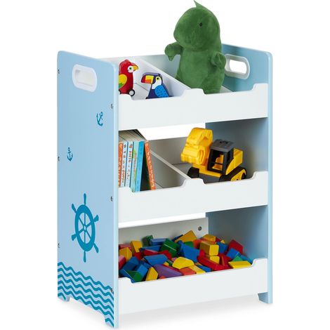 Étagère Enfants, 5 Compartiments, H x L x P : 60 x 42,5 x 30 cm, MDF, Meuble Rangement, poignées, Blanc-Bleu (1/5)