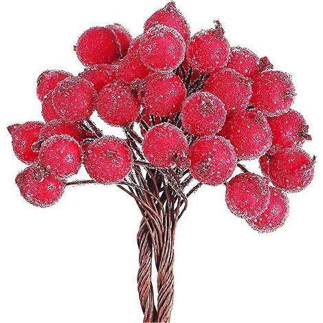 40 bayas artificiales decorativas mini de acebo rojo intenso escarchado para Navidad, ideales para la decoración del hogar. (1/5)