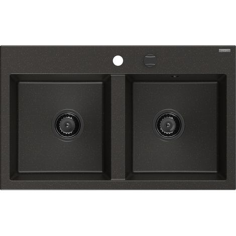 Mexen Hektor lavello da cucina in granito a 2 vasche 800 x 480 mm, nero/oro metallizzato, sifone nero - 6521802000-75-B