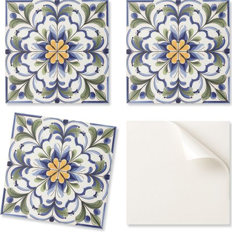 Azulejos decorativos autoadhesivos de vinilo con estampado floral cer谩mico, 20x20x20 cm.