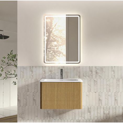 Mueble de baño suspendido con lavabo y espejo LED 60 x 80 cm, roble, OKMYHOME (1/5)