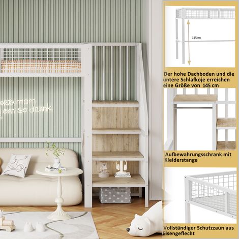Lit surélevé 90x200 cm avec échelle, literie enfant à cadre métallique, meuble étagère et placard blanc, chambre compacte (1/5)