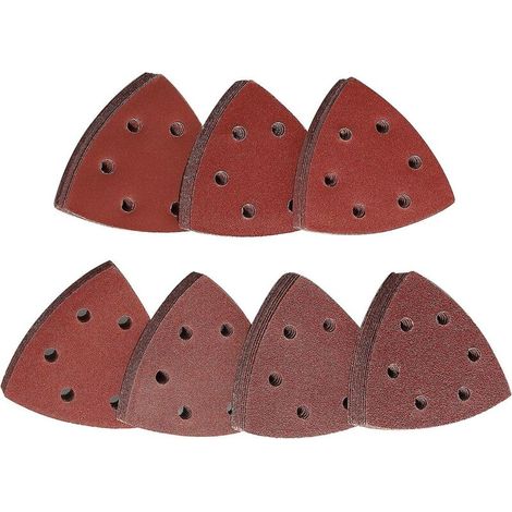 Packung mit 70 dreieckigen, selbstklebenden Schleifblättern mit 6 Löchern, Körnungen 60/80/120/180/240/320/400, für Dreieckschleifer (1/5)