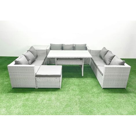 Fimous Ensemble de meubles de jardin en polyrotin 10 places  avec Grands Tabouret Table d'appoint Gris clair mélangé (1/5)
