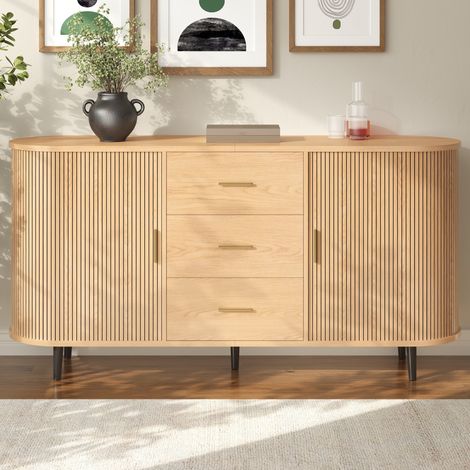Buffet Naturel avec 3 Tiroirs et Portes Coulissantes, Meuble de Rangement Bas Grand Stockage, avec Pieds Métal pour Salle à Manger, Scandinave (1/5)