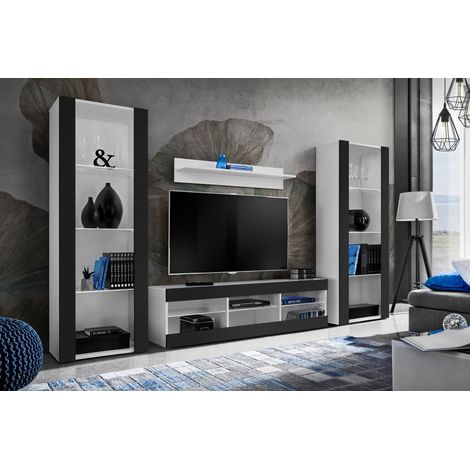Komodee Ensemble de Meubles Tivoli Grande, Blanc/Noir, Largeur 250cm x Hauteur 159cm x Profondeur 35cm, sans LED, 3 étagères, pour Salon, Chambre, Entrée