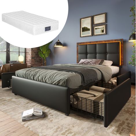 Letto imbottito singolo moderno 90x200 cm con materasso, LED, 4 cassetti, testiera regolabile, PU nero (1/5)