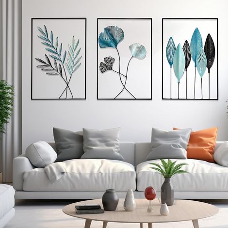 Lot de 3 décorations murales en métal pour salon - 30 x 43 cm - Feuille murale avec cadre - Décoration murale moderne en métal pour chambre à coucher, cuisine, bureau (1/5)