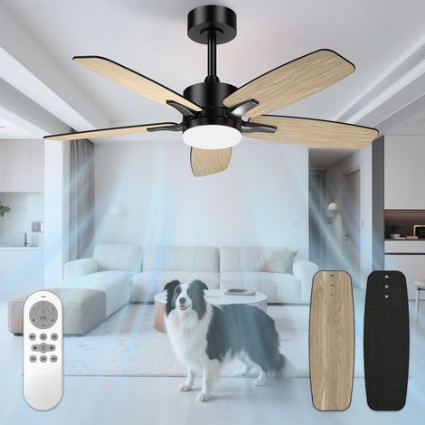 Silencieux Ventilateur Plafond avec Lumiere et Telecommande, 106cm Dimmable Lampe Ventilateur Plafond LED avec 5 Pales Doubles, Noir/Effet Bois pour Chambre, Salon, Minuterie, 6 Vitesses