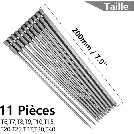 Set mit 11 Torx-Schraubendreherbits, extra lange 200 mm manipulationssichere Torx-Schraubendreherbits mit magnetischem Sechskantschaft 1/4'' Torx-Bits für elektrische Schraubendreher (T6-T40) (1/5)