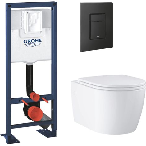 Pack bâti-support largeur réduite GROHE Rapid SL + Cuvette suspendue sans bride abattant StartRound + Plaque commande noir mat (1/4)