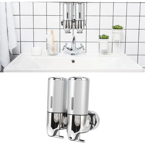Distributeur de savon pour les mains à double compartiment, distributeur de shampoing et de gel douche, mural, adapté aux hôtels, aux maisons d'hôtes et à un usage domestique. (1/5)