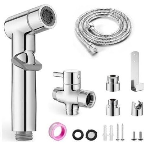 Kit Douchette WC avec Valve T 3 Voies (G1/2" & G3/8"), Pulvérisateur Bidet à Main en Inox Tuyau 1,5m pour Hygiène Intime et Toilette Japonaise(AMZ-NHQ07CP-TZEU-DE) - (1/5)
