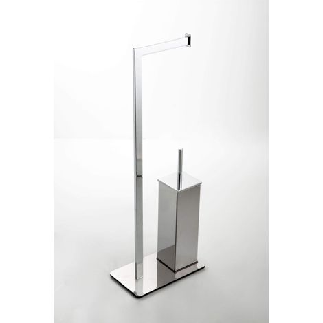 Piantana minimal da bagno cromata con porta rotolo e scopino