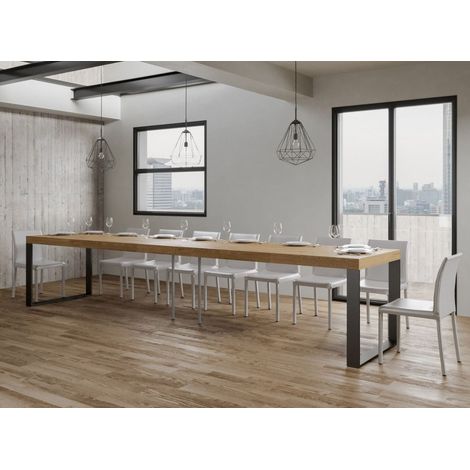 Les Tendances – Table extensible 8 à 20 places L 180 à 440 cm bois mélaminé naturel – Pieds en acier anthracite – 5 rallonges fines – Support 2 pieds (1/5)