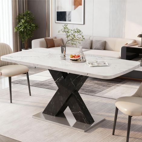 Tavolo da pranzo rettangolare allungabile 120-160 cm, effetto marmo bianco, MDF nero (1/5)