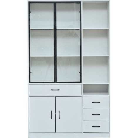 Armoire haute avec vitrine en verre et éclairage LED, 120x35x200 cm, blanc, 13 espaces de rangement (1/5)