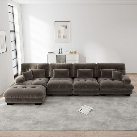 Canapé d’angle modulable en L 4 places en chenille marron avec ottoman mobile HAVRYA (1/5)