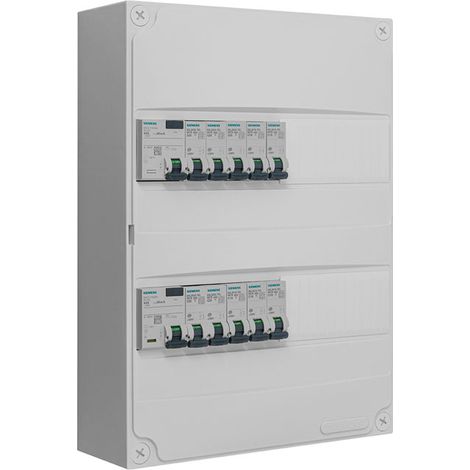 Siemens – Tableau électrique 2 rangées pré-équipé 2 inter. diff. 63A – 10 disjoncteurs 10A/16A/20A/32A – Montage en GTL ou saillie – IP30 IK05 (1/2)