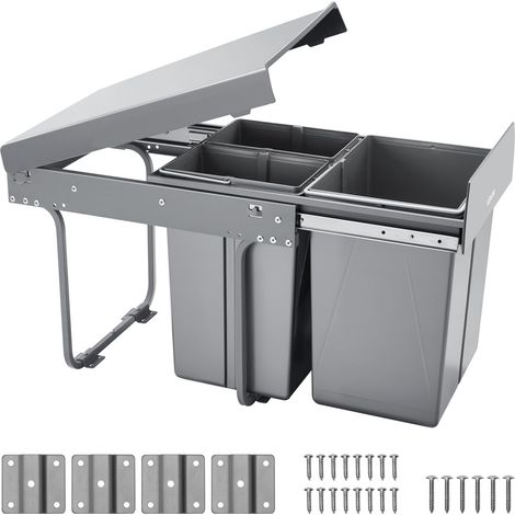 Poubelle coulissante pour armoire de cuisine, collecteur de déchets sous évier, 20 L et 10 L x 2, conteneur à déchets avec système coulissant à extension complète en métal robuste et poignée (1/5)