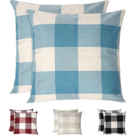 Housses de Coussin à Carreaux , Lot de 2 taie d'oreiller en Lin résistant aux Rides et Respirant, taie d'oreiller à Carreaux, Housses de Coussin décorative pour la Maison,Bleu (1/5)