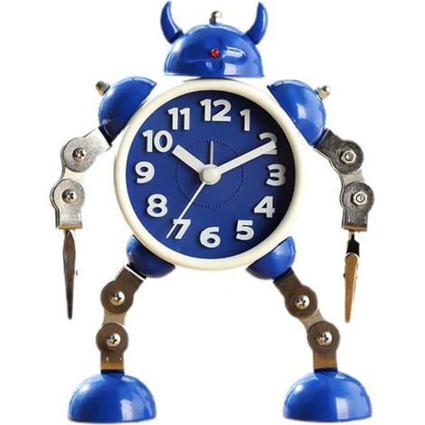 Réveil robot sans tic-tac en métal inoxydable, avec lumières clignotantes et pince à main (bleu) (1/5)