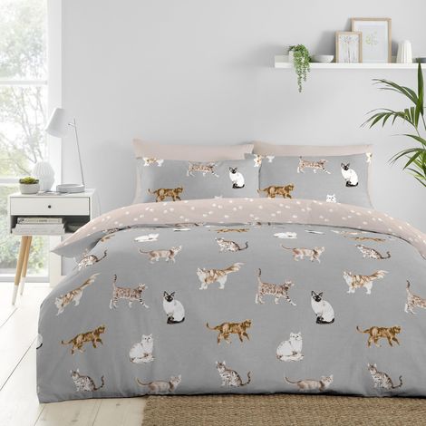 Housse de Couette Chat Gris 230 x 220 cm - 2 Taies d'Oreiller - Design Réversible (Beige et Gris) - Imprimé Patte - Cadeau pour Femme (1/3)