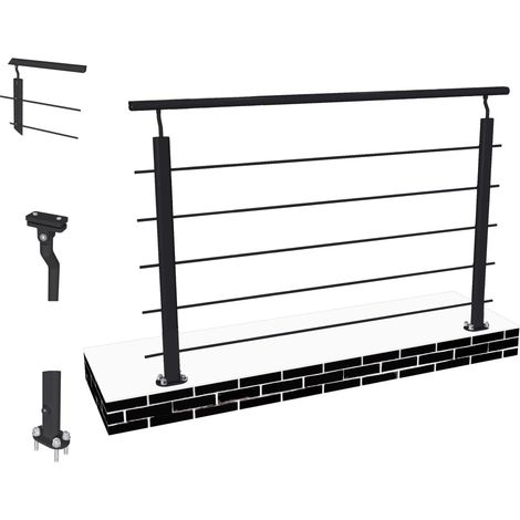 Océan Garde-corps Aluminium Noir 150cm - Rampe d'escalier 150cm - Fixation à plat (5 traverses +1 main courante) - Pour tous espaces