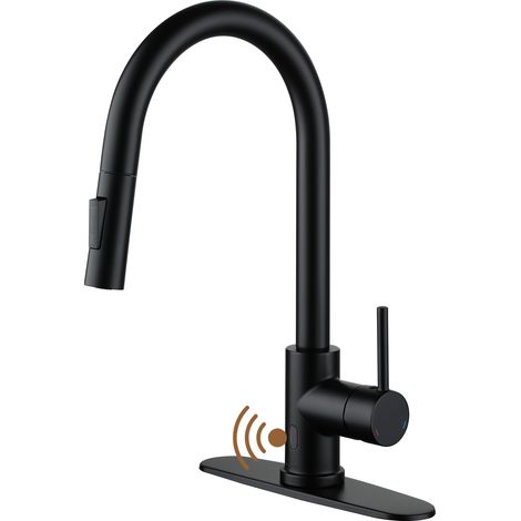 Robinet de cuisine à douchette extractible avec capteur infrarouge, noir mat, à poignée unique, montage sur plage, sans contact (plaque de montage incluse) (1/4)