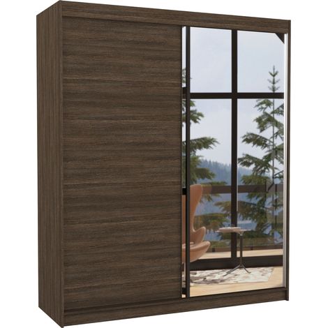 Armoire de chambre à coucher 2 portes coulissantes 1 marron et 1 miroir Masso 180cm (1/5)