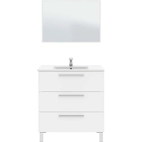 Mueble de Baño Taria Estilo Contemporáneo en Color Blanco Brillo con Espejo y 3 Cajones 80x86x45 cm (Lavabo Cerámico)