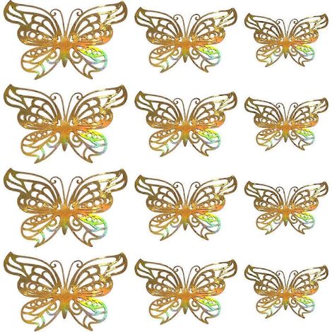 Lot de 12 papillons 3D ajourés décoratifs, autocollants muraux polyvalents et imperméables, 3 tailles disponibles pour la décoration de fond. Légers et résistants.-Gradient Gold (1/5)