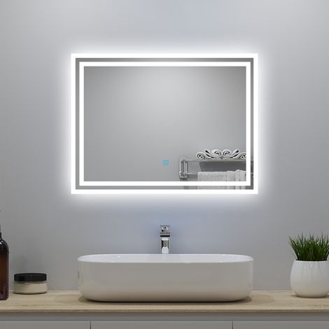 LED Bathroom Mirror with LED Lights and Demister Touch Sensor Wall Mounted - 800x600mm Shaver Socket+2 USB Ports+Dimmable 3 Light Colour (1/5)