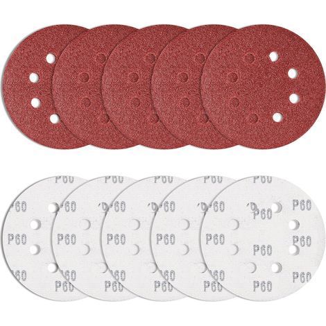 10 pièces Papier de Verre 125 mm Grain 60, disques abrasifs Ronds Ponceuse Excentrique Feuilles abrasives 8 Trous pour ébavurer et poncer Les Points de Soudure (1/5)