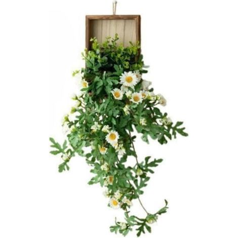 Décoration murale suspendue en plantes artificielles, Cadre en bois – Fleurs imitant la marguerite – Idéal pour salon, cuisine, salle de bain, chambre, bureau à domicile (1/4)