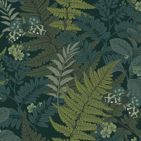 Papier Peint Feuillage Vert Fougère Forêt Motif Papillon Salle de Bain Salon 44,5cm×300cm (1/5)