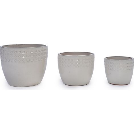 Set de 3 macetas de cerámica esmaltada crema brillante con relieve triangular, Ø 38/30,5/23 cm (1/5)