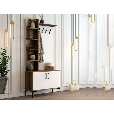 Dmora - Mobile da ingresso Anja, Entratina appendiabiti, Composizione per atrio, Consolle portaoggetti multifunzione, 90x35h200 cm, Noce e Bianco