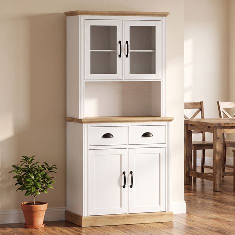 Buffet Haut Cuisine, Armoire Cuisine, 4 Portes dont 2 en Verre, 2 Tiroirs, Plan de Travail, Étagères Réglables, Blanc (1/5)