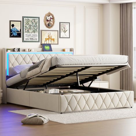 Letto Matrimoniale con Contenitore 140x190 cm, Illuminazione LED, Funzione di Carica USB e Type-C, Tessuto in Velluto, Base a Doghe, Materasso a Gas - Beige