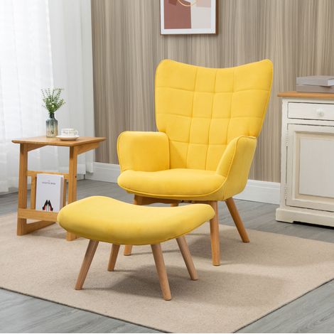 Poltrona relax gialla con pouf, schienale alto, struttura in acciaio, HAVRYA (1/5)